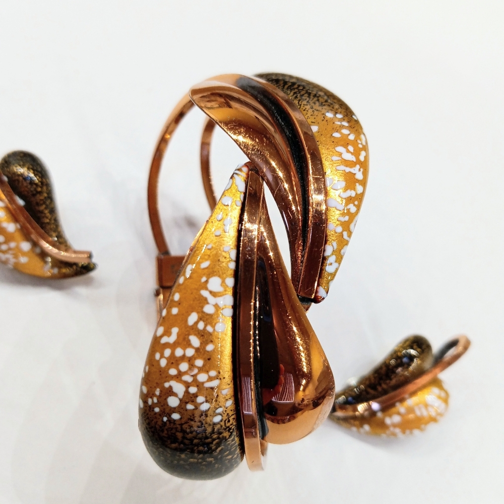 Vintage Matisse Renoir Signed Enamel Copper Clamper Bracelet Earrings Set